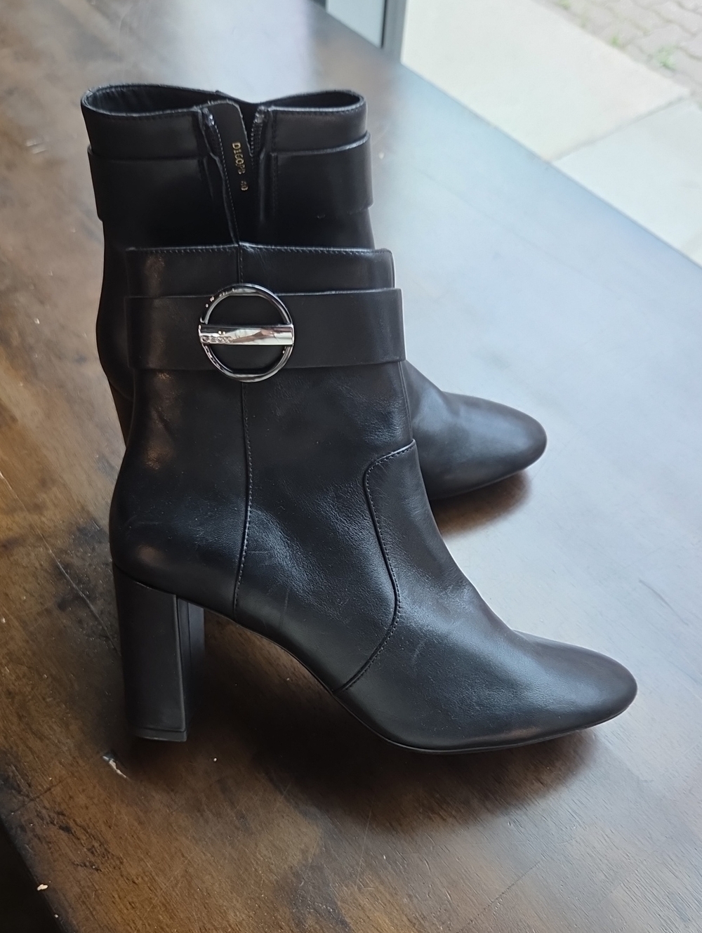 Geox Size 10 Black Leather Heeled Ankle Boots with Silver Buckle NEW